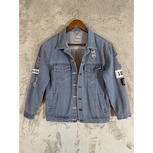 Where Is My Mind Denim Jacket Sz S Distressed Patches NYC 1987 Streetwear Grunge